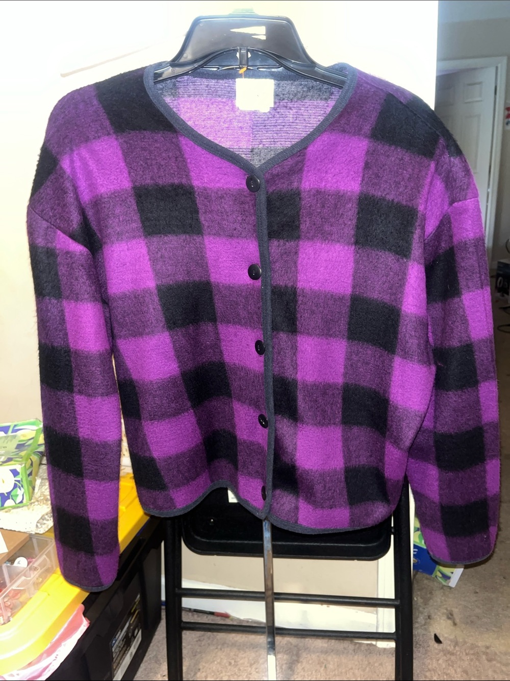 Cozy Plaid Button-Front Teddy Jacket — Purple & Black